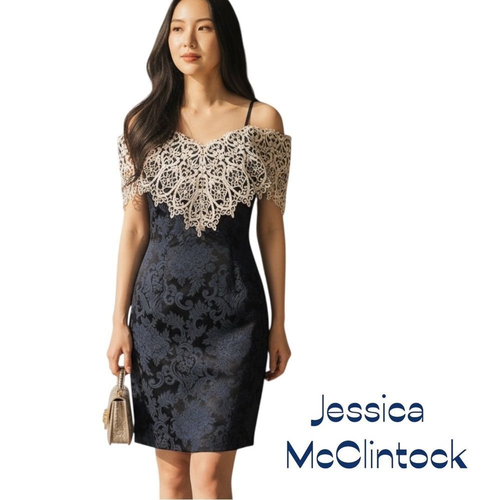 Jessica McClintock For Gunne Sax Navy Lace Feminine Event Party Dress Size 7